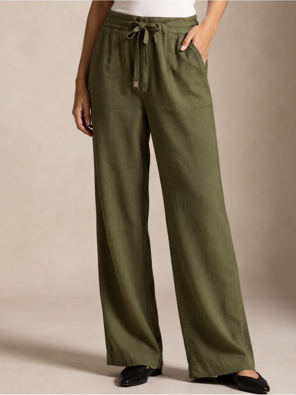 Lauren Ralph Lauren Olive Green Linen Wide Leg Drawstring Pants Size 20W NWT